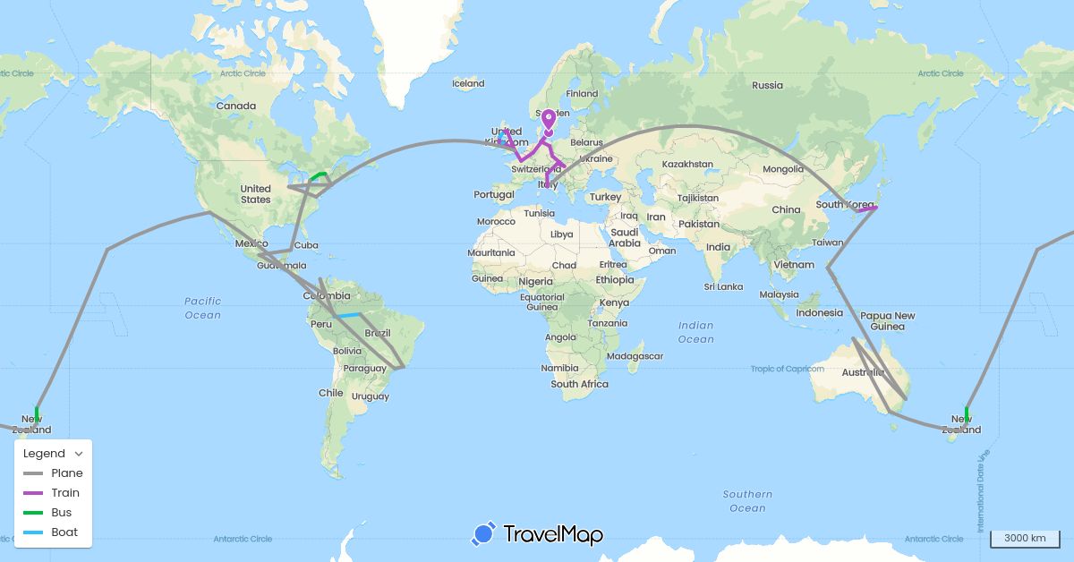 TravelMap itinerary: driving, bus, plane, train, boat in Austria, Australia, Brazil, Canada, Colombia, Czech Republic, Germany, France, United Kingdom, Hungary, Ireland, Italy, Japan, South Korea, Mexico, New Zealand, Peru, Philippines, Sweden, United States (Asia, Europe, North America, Oceania, South America)